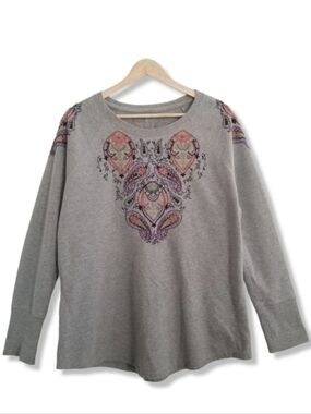 Ruff Hewn Embroidered Crewneck Sweatshirt Top Large Gray‎ Boho Paisley